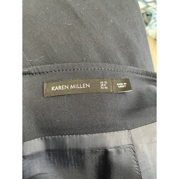 KAREN MILLEN Blue Cotton Belt Accent Front Button Knee Length Pencil Skirt 8 - Picture 4 of 4